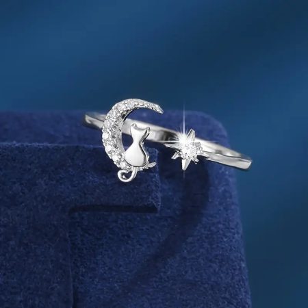 Prachtige - Zirkonia - Maan - Kat - Ster - Ring RVS Zilver