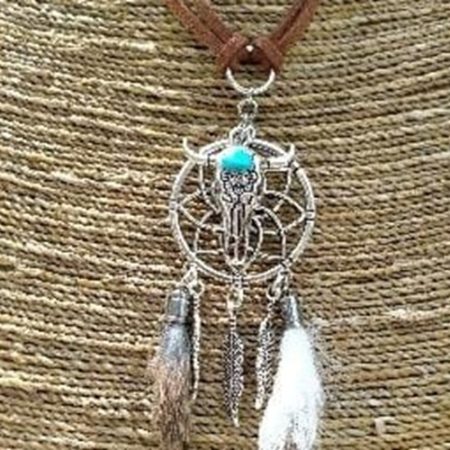 RVS_ketting - dromenvanger met skullhoofd - veren - hand gemaakt