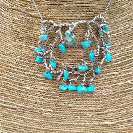 RVS_ketting - prikkeldraad - turqoise steentjes - hand gemaakt