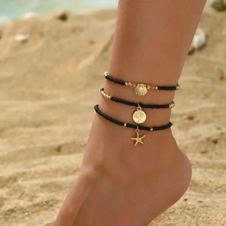 Strand Enkelbandjes Set voor Vrouwen -Zwart met Schelp en Vredesboom