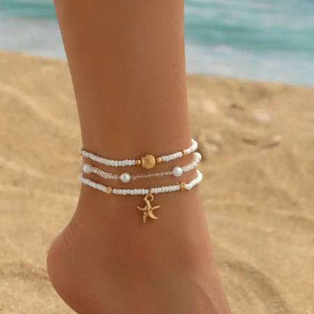 Enkelbandjes set voor Vrouwen -Ronde Kralen en Schelp Sterrenvis