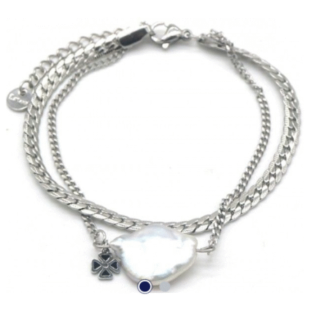 RVS zilverkleurige armband - dubbel met parel en klavertje